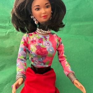 Barbie Doll with Floral Pink Top and Red Skirt